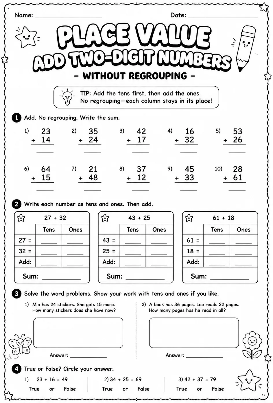 Use place value to add two-digit numbers - without regrouping