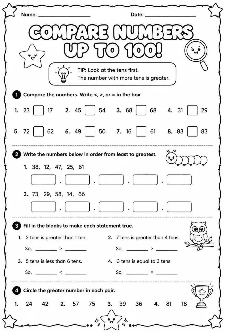 Use place value to compare numbers up to 100