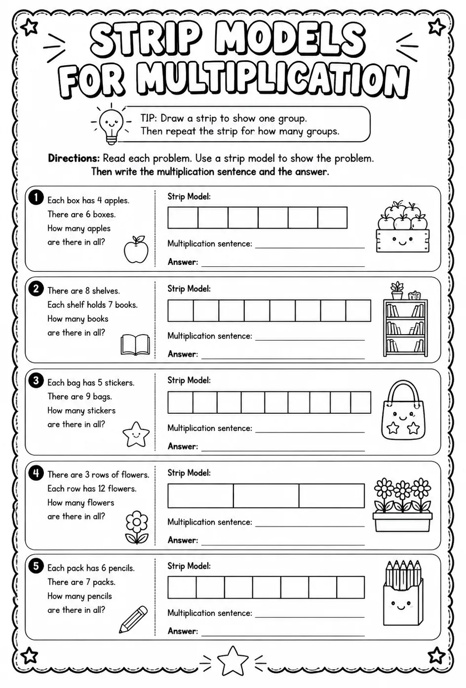 Use strip models to solve multiplication word problems