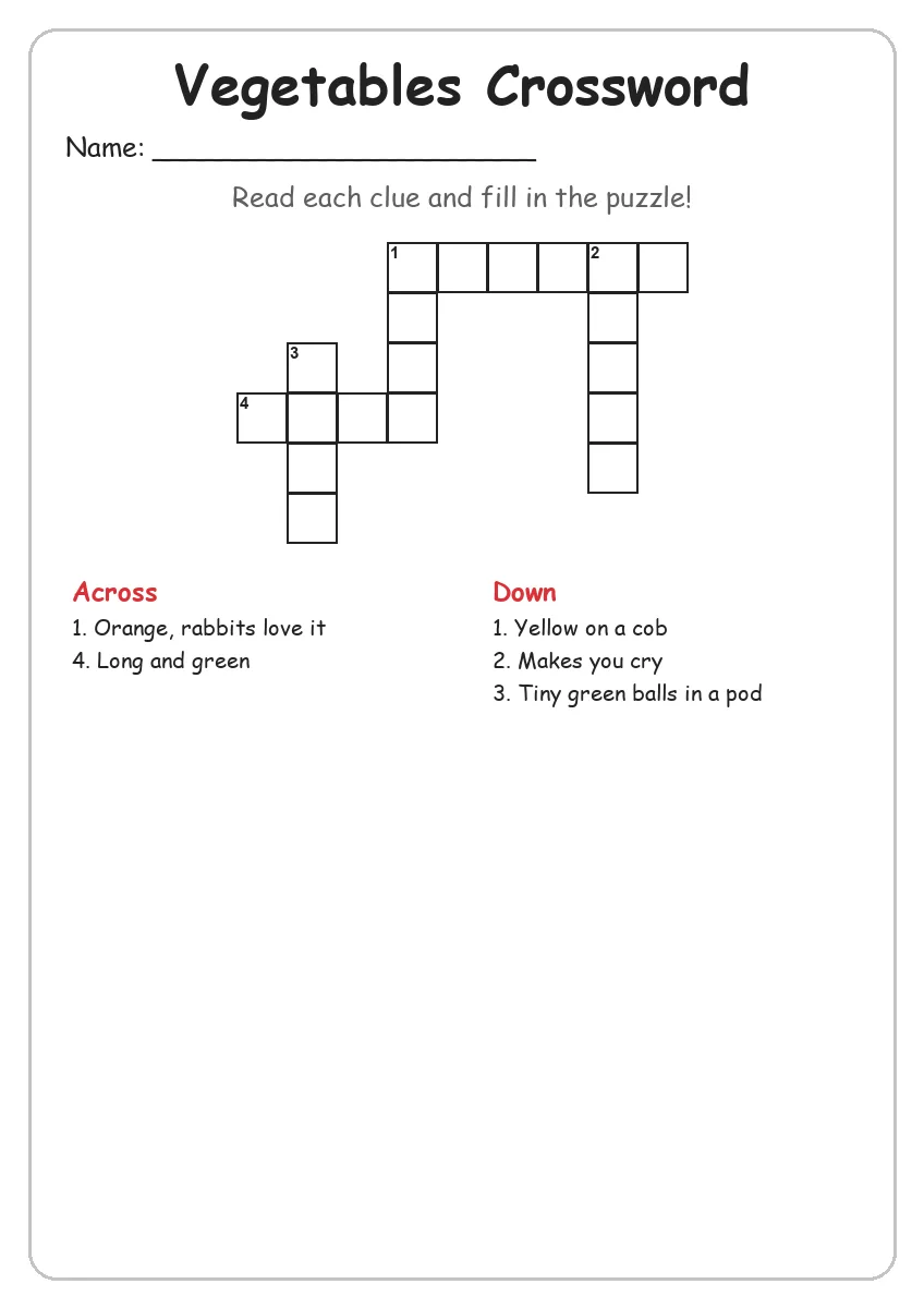 Vegetables Crossword (Grade 1)