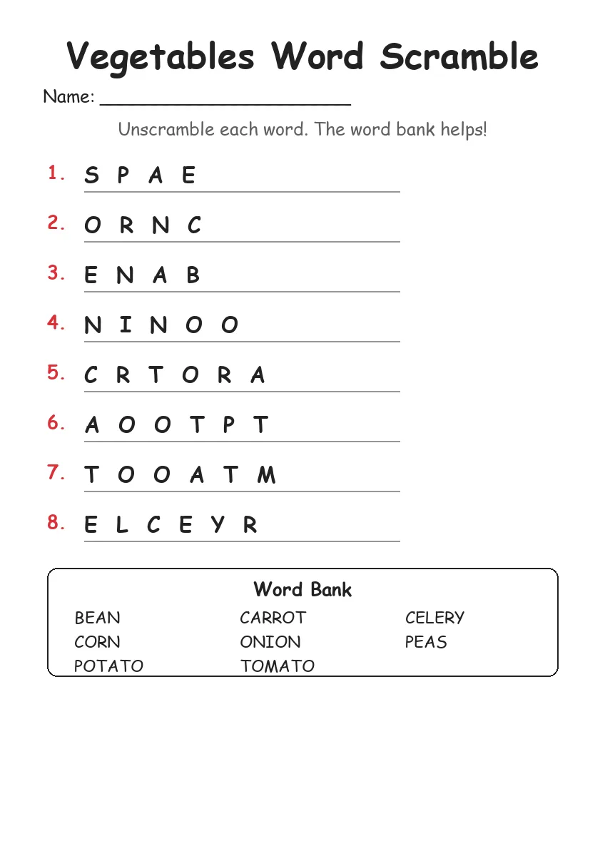 Vegetables Word Scramble (Grade 1)