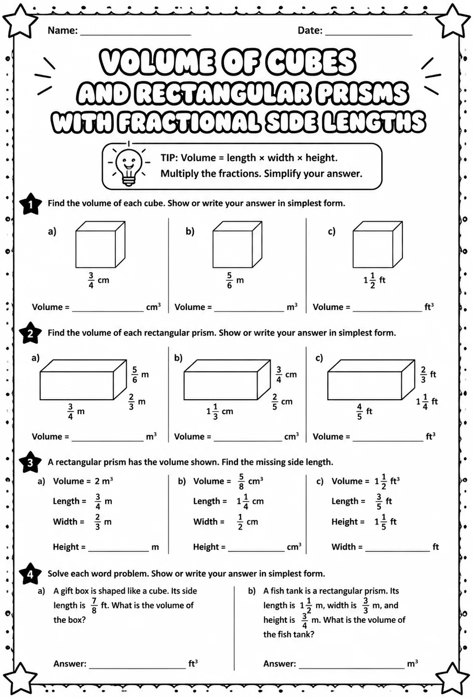 Volume of cubes and rectangular prisms with fractional side lengths
