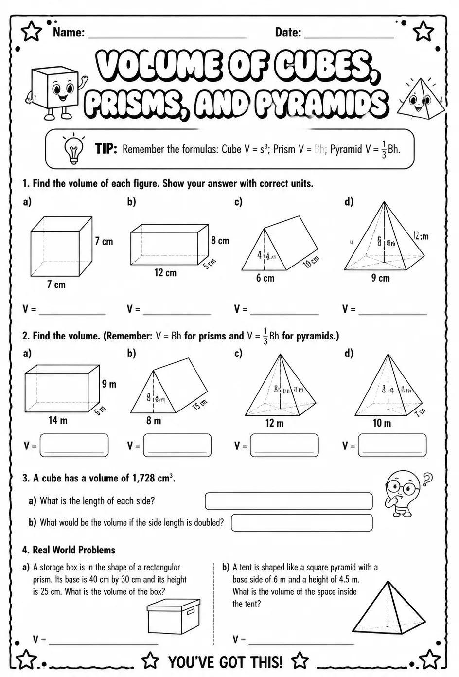 Volume of cubes, prisms, and pyramids