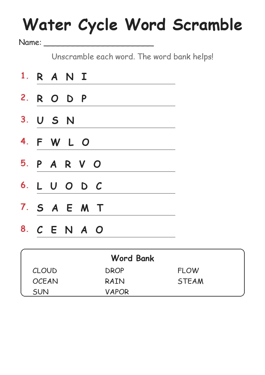Water Cycle Word Scramble (Grade 1)