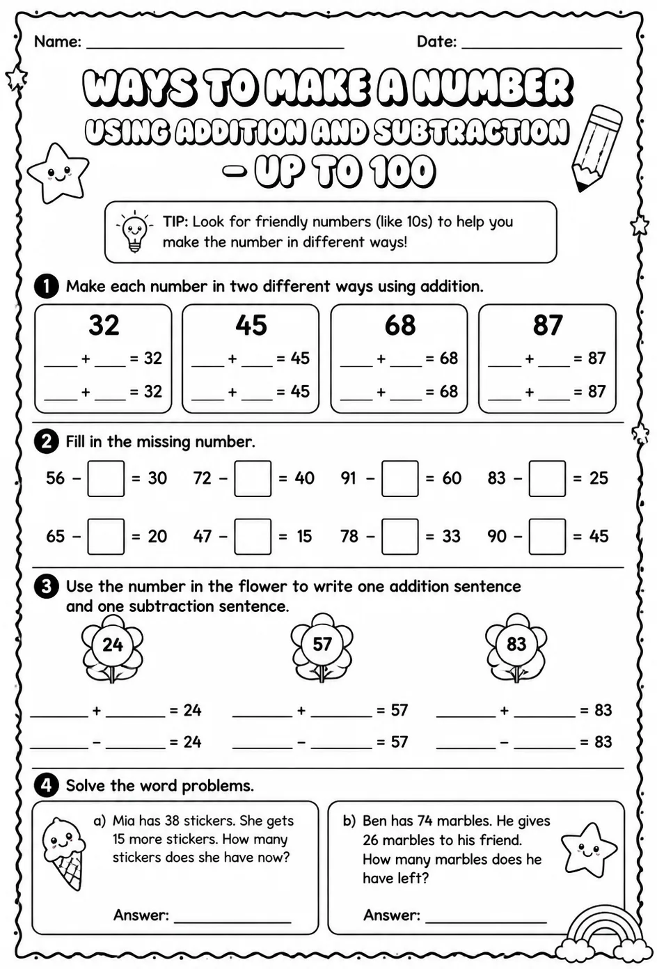 Ways to make a number using addition and subtraction - up to 100