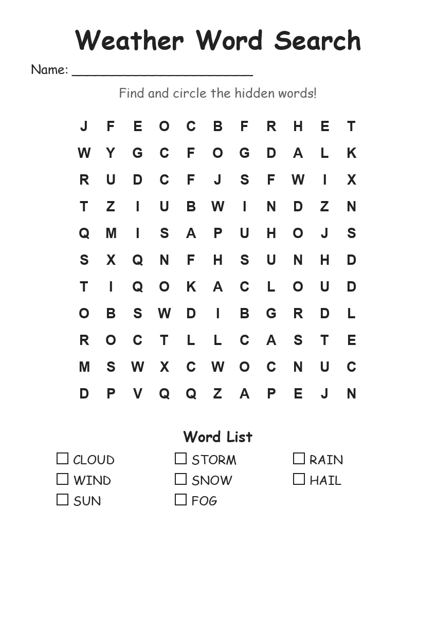 Weather Word Search (Grade 1)