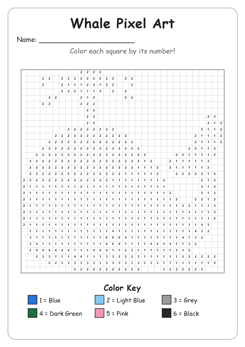 Whale Pixel Art — Color by Number (Grade 2)