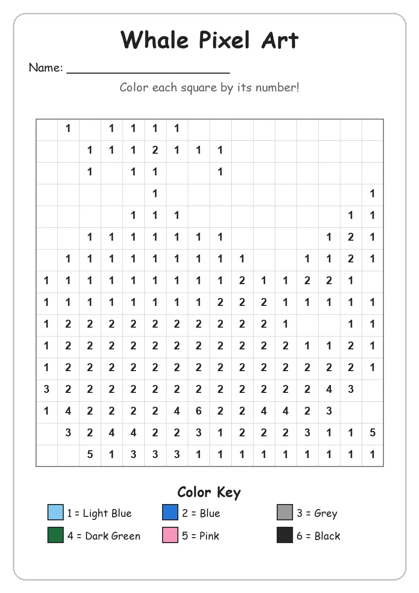 Whale Pixel Art — Color by Number (Kindergarten)