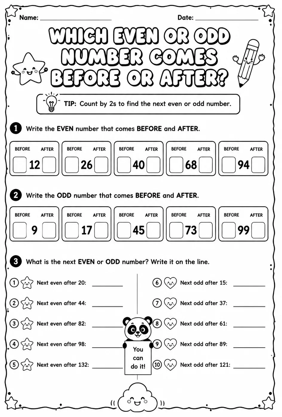Which even or odd number comes before or after?