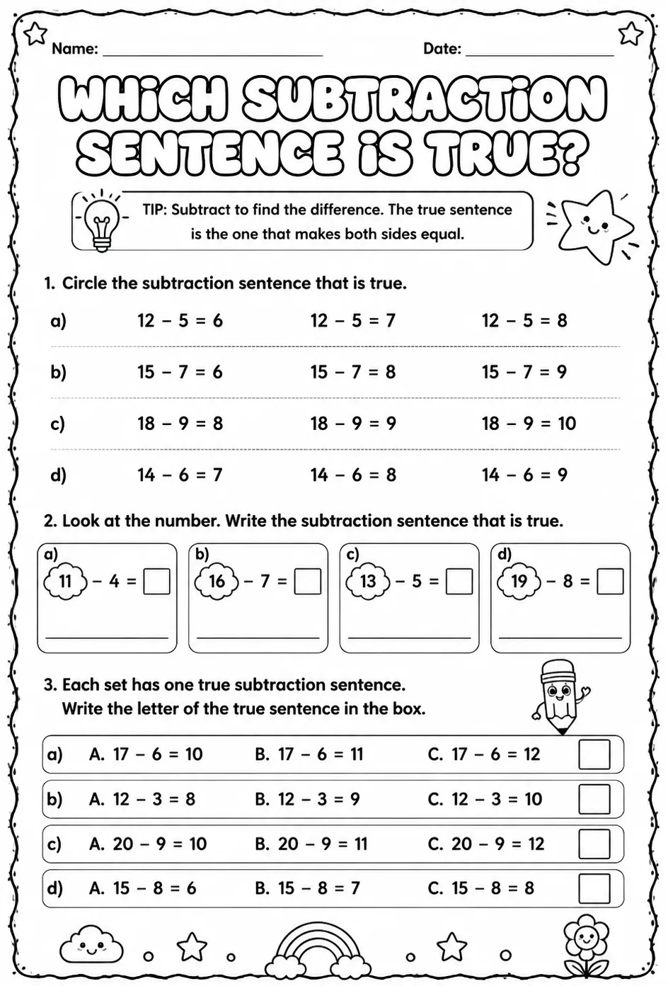 Which subtraction sentence is true? - up to 20