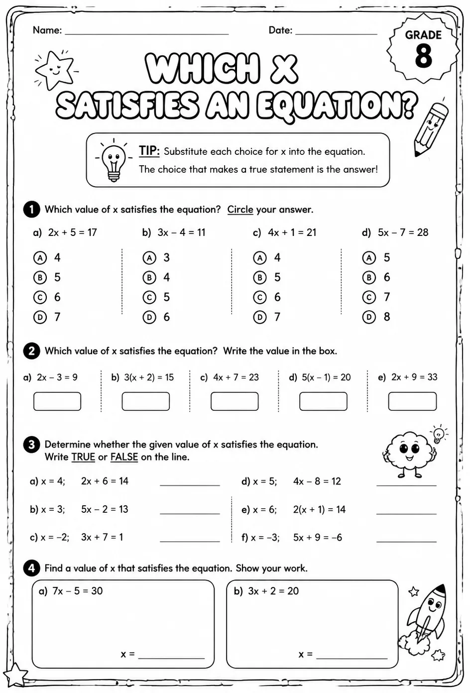 Which x satisfies an equation?