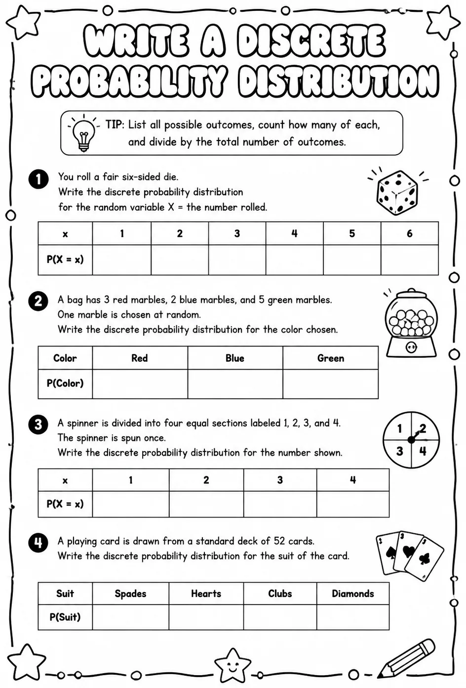 Write a discrete probability distribution