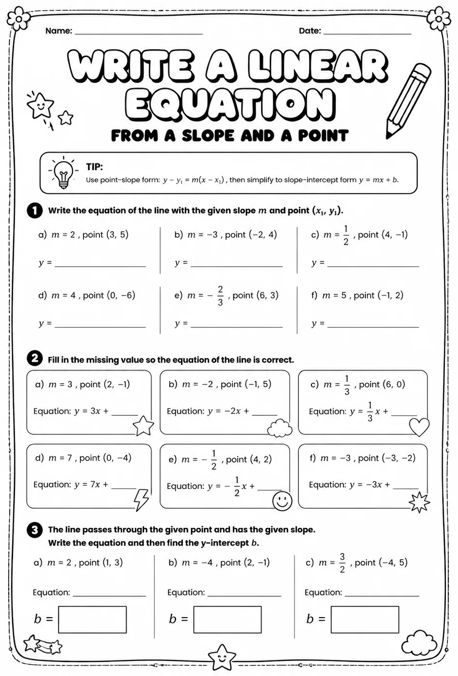 Write a linear equation from a slope and a point