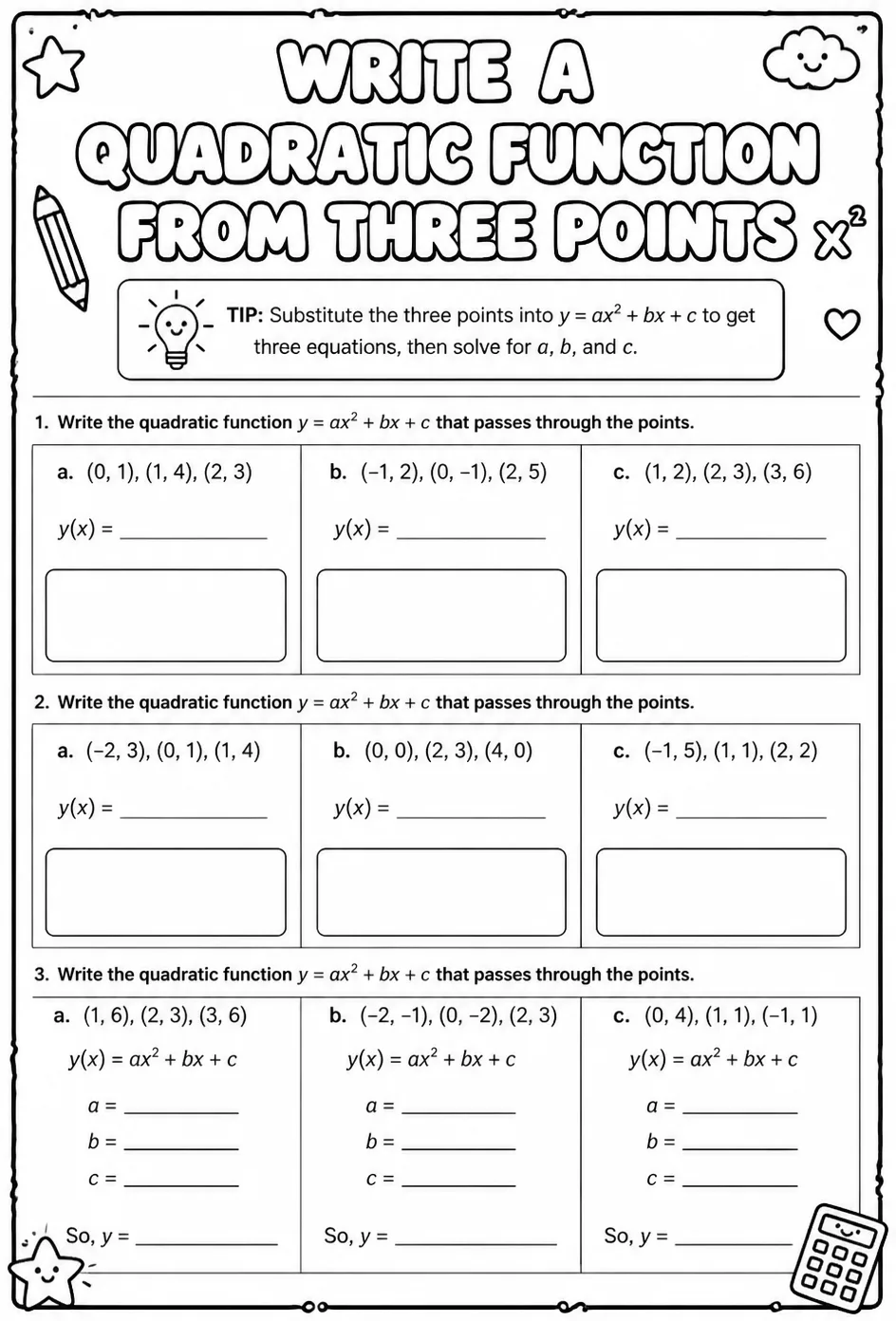 Write a quadratic function from three points