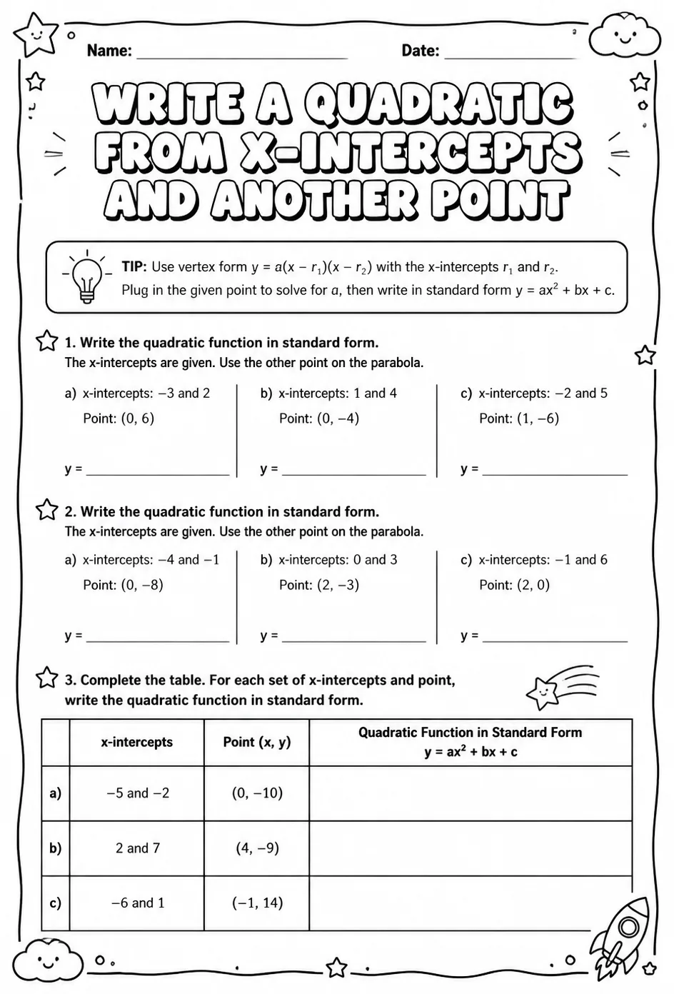 Write a quadratic function in standard form from its x-intercepts and another point