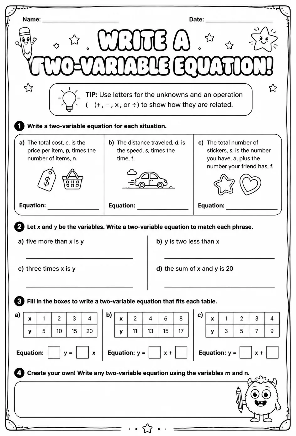 Write a two-variable equation