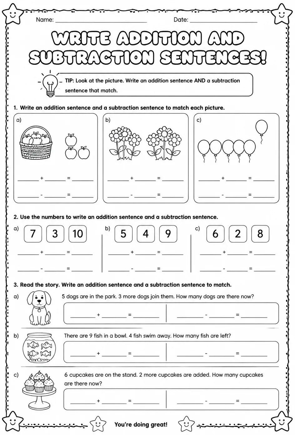 Write addition and subtraction sentences