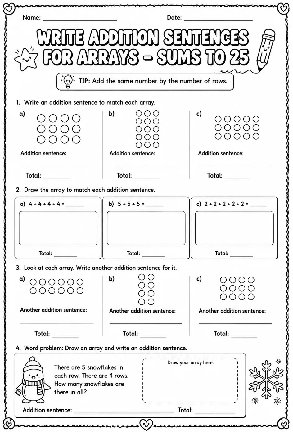 Write addition sentences for arrays - sums to 25