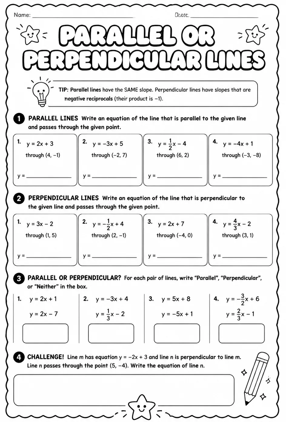 Write an equation for a parallel or perpendicular line