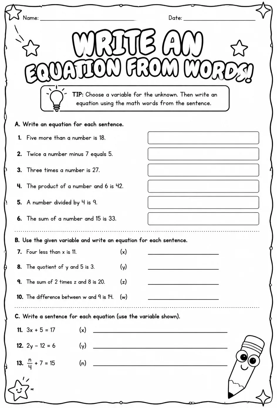 Write an equation from words