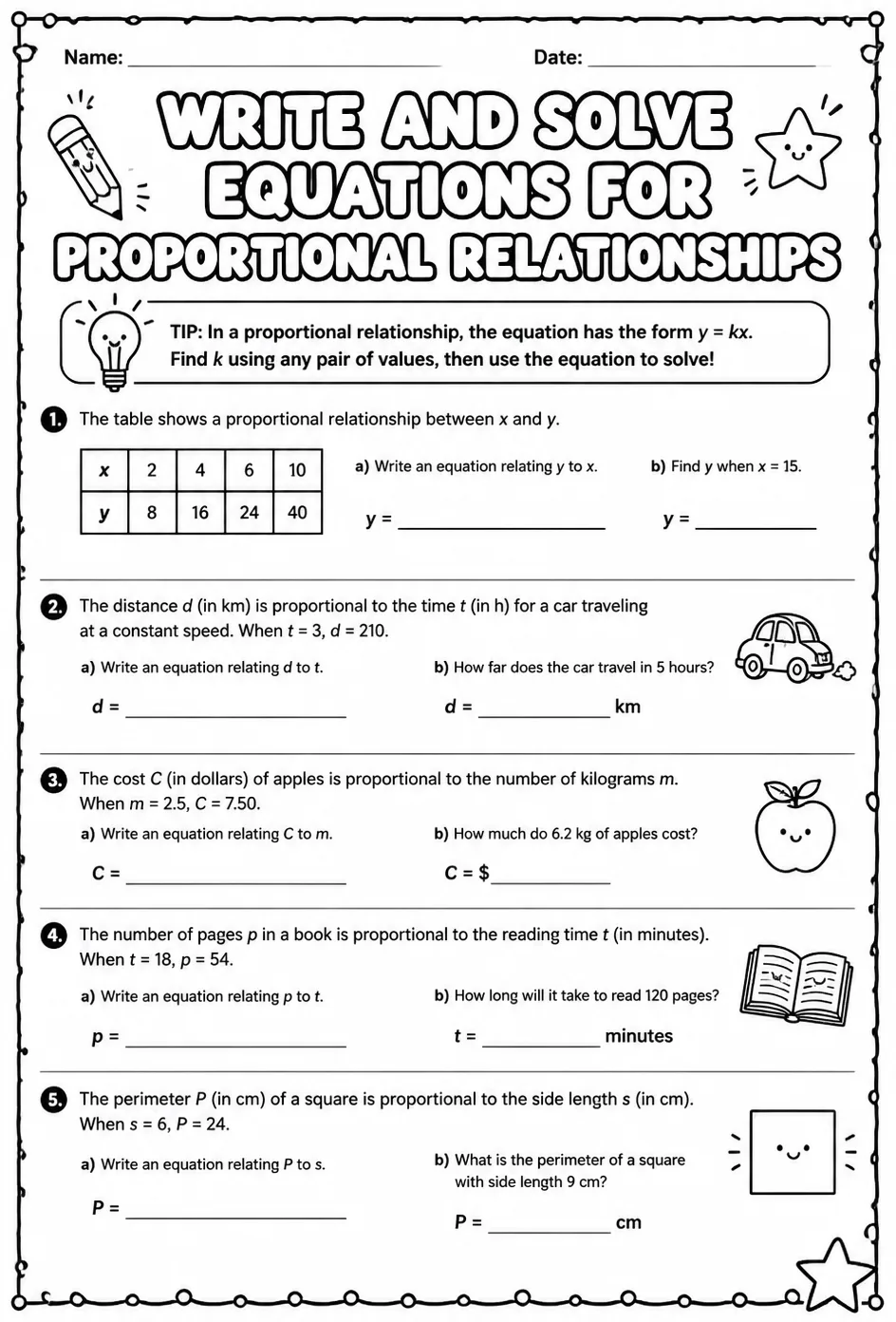 Write and solve equations for proportional relationships