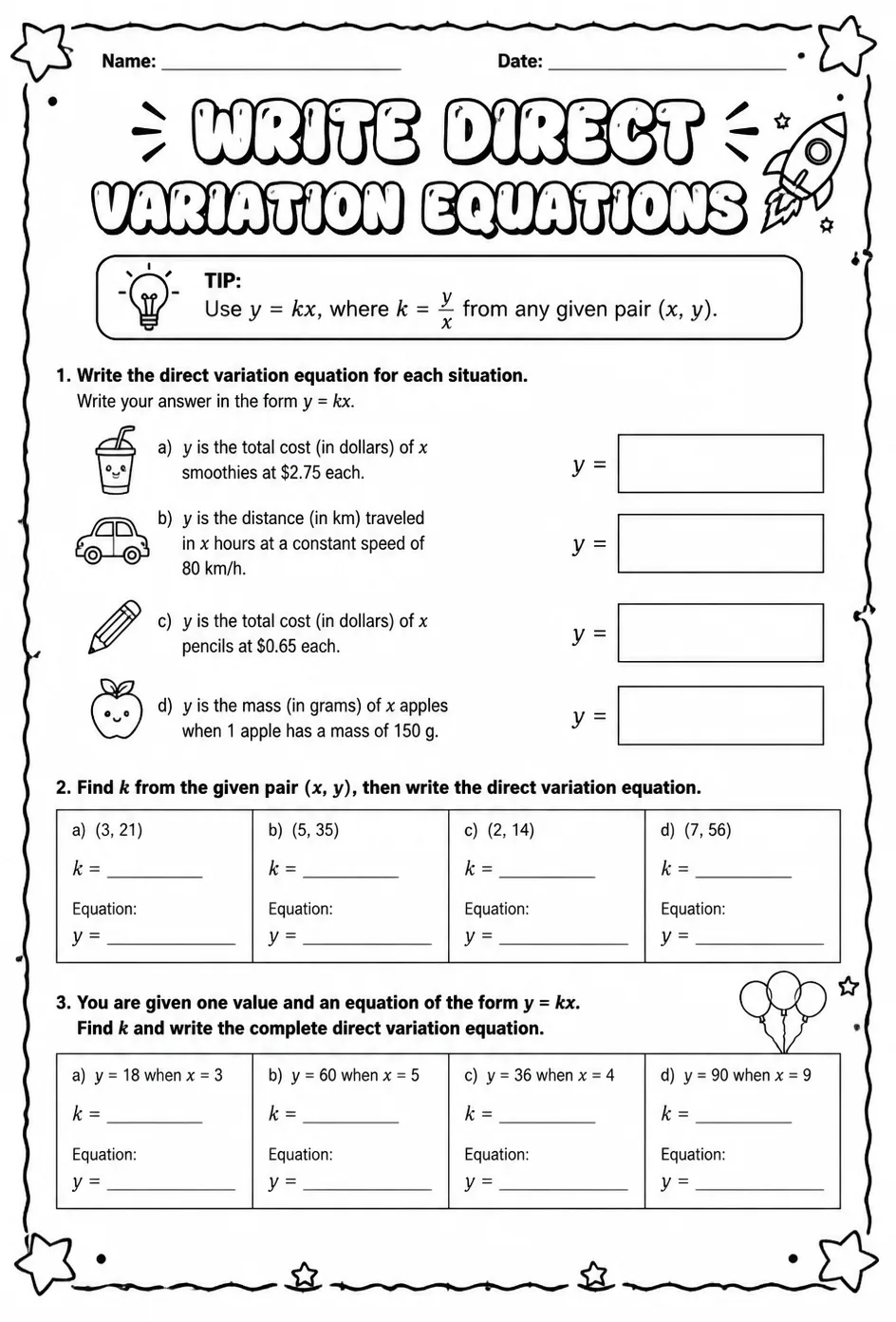 Write direct variation equations