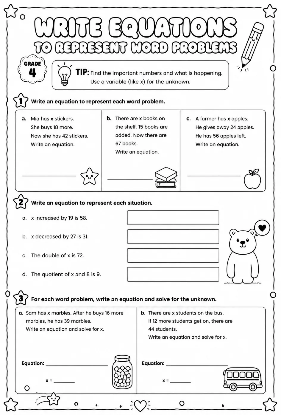 Write equations to represent word problems