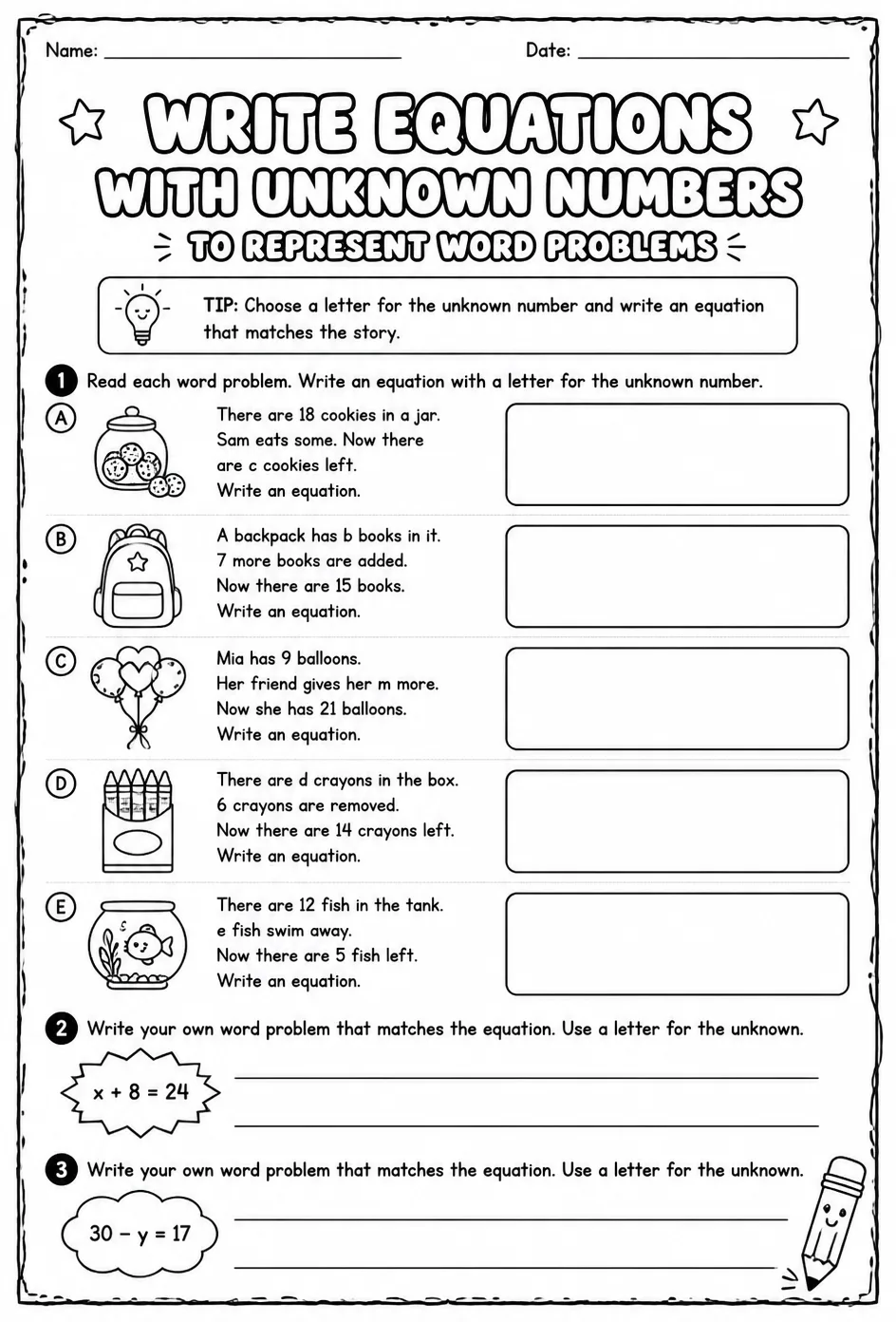 Write equations with unknown numbers to represent word problems