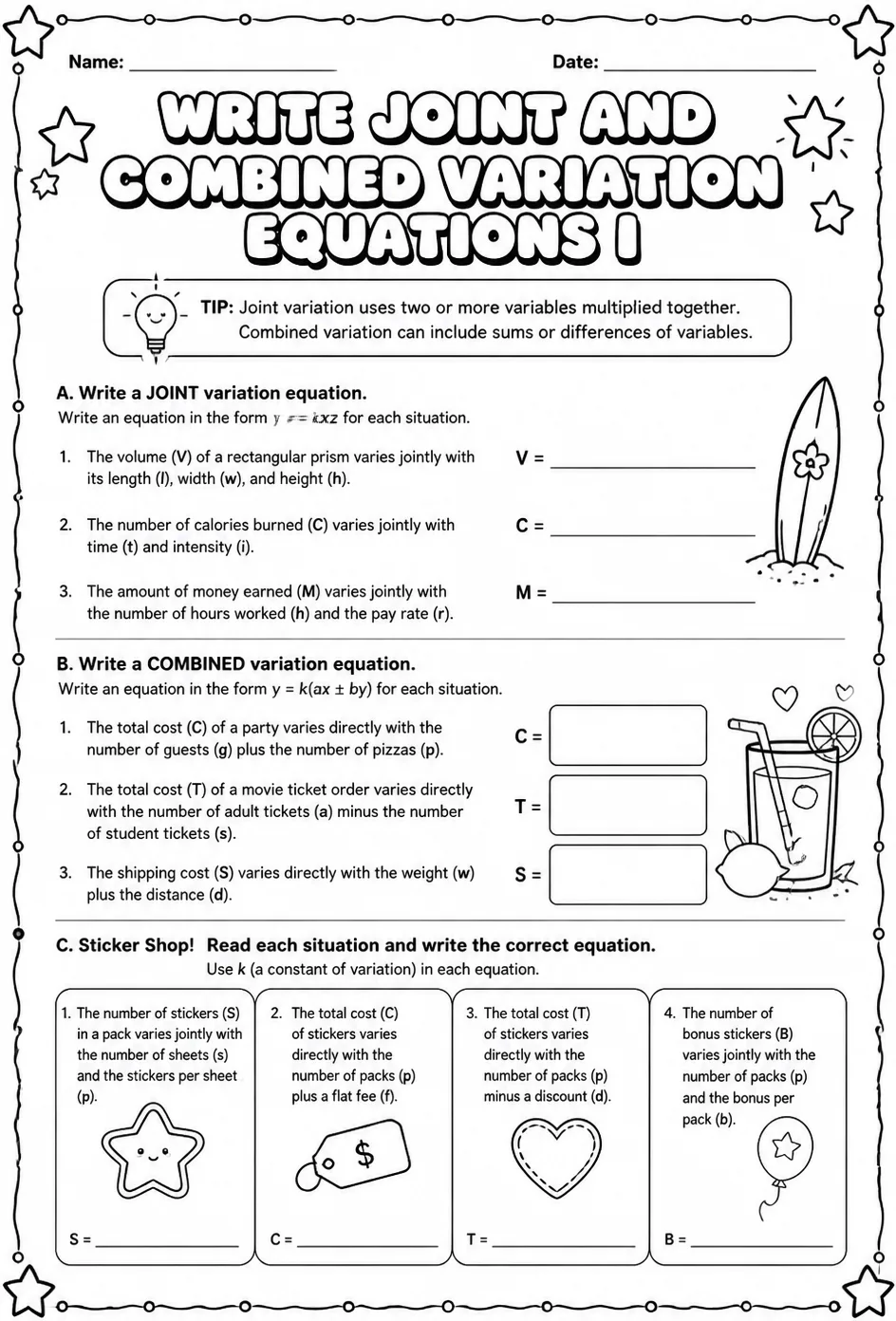 Write joint and combined variation equations I