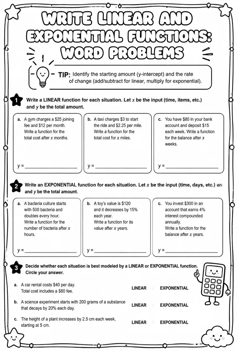 Write linear and exponential functions: word problems