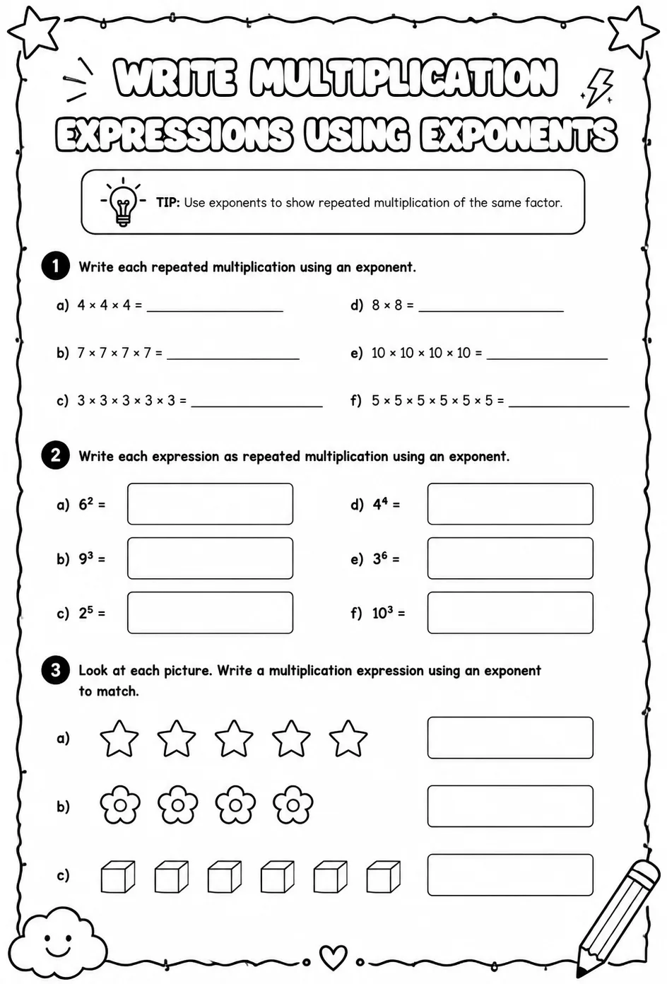 Write multiplication expressions using exponents