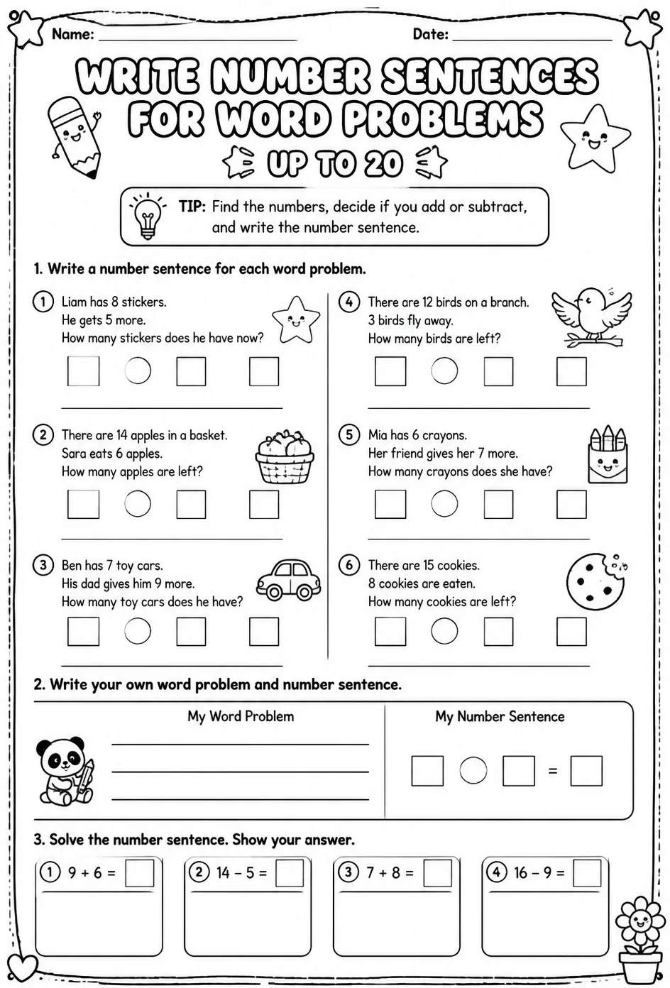 Write number sentences for word problems - up to 20
