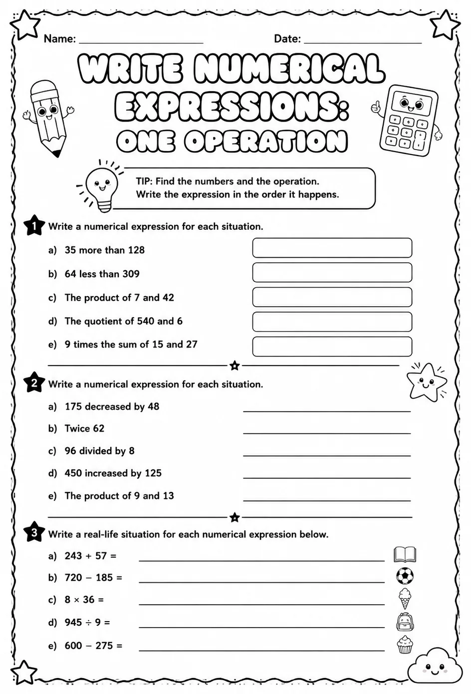 Write numerical expressions: one operation