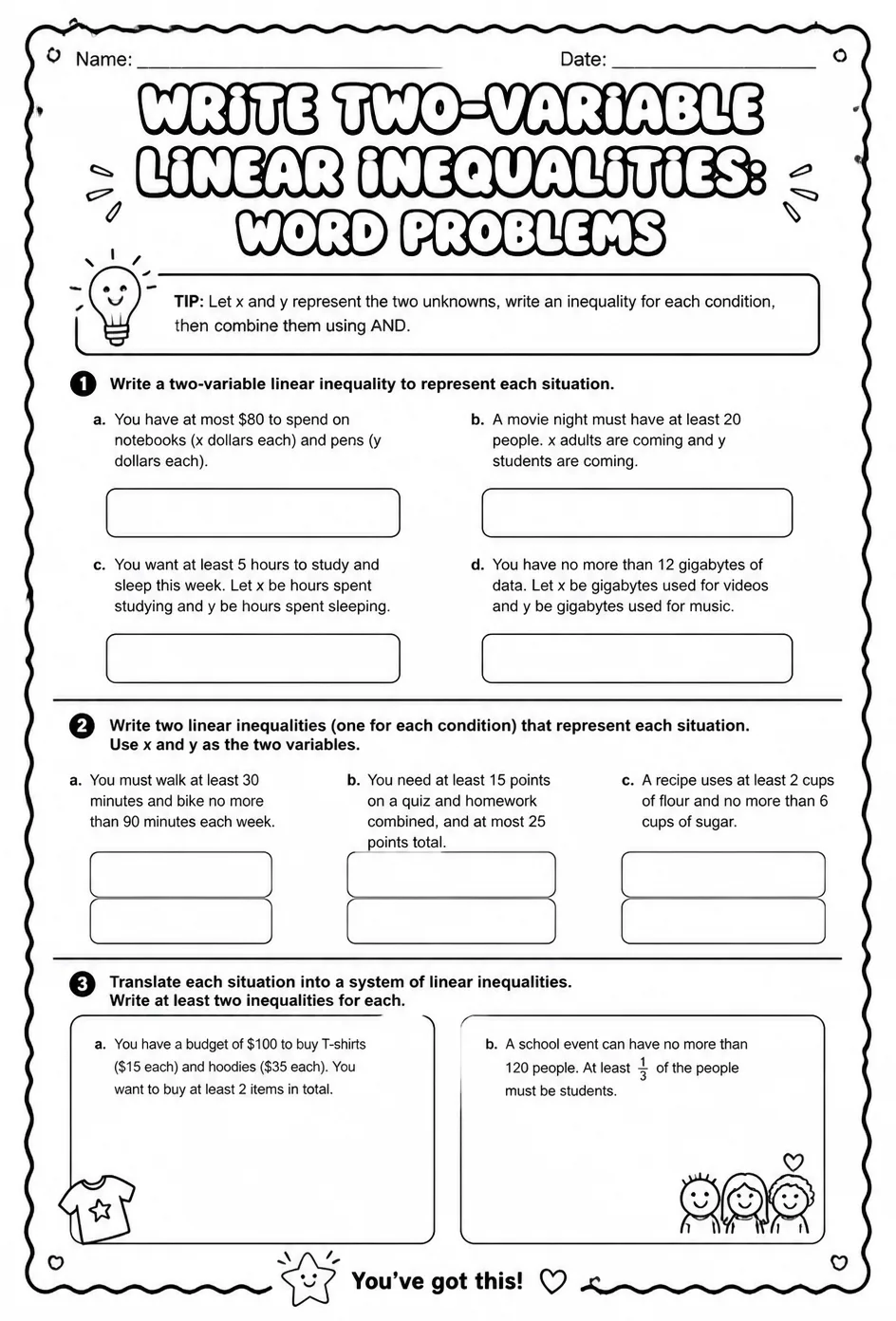 Write two-variable linear inequalities: word problems