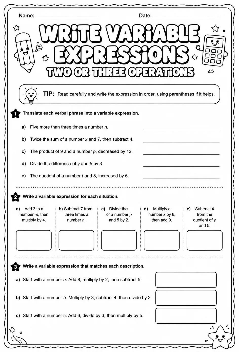 Write variable expressions: two or three operations