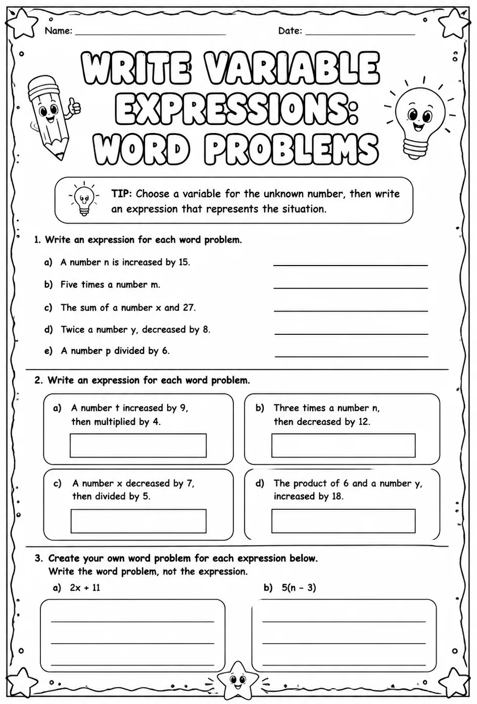 Write variable expressions: word problems