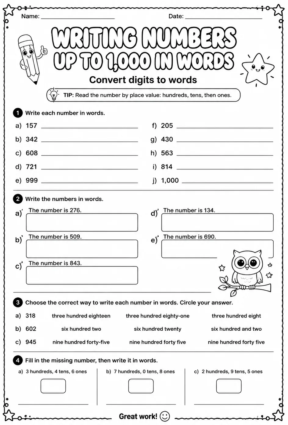 Writing numbers up to 1,000 in words - convert digits to words