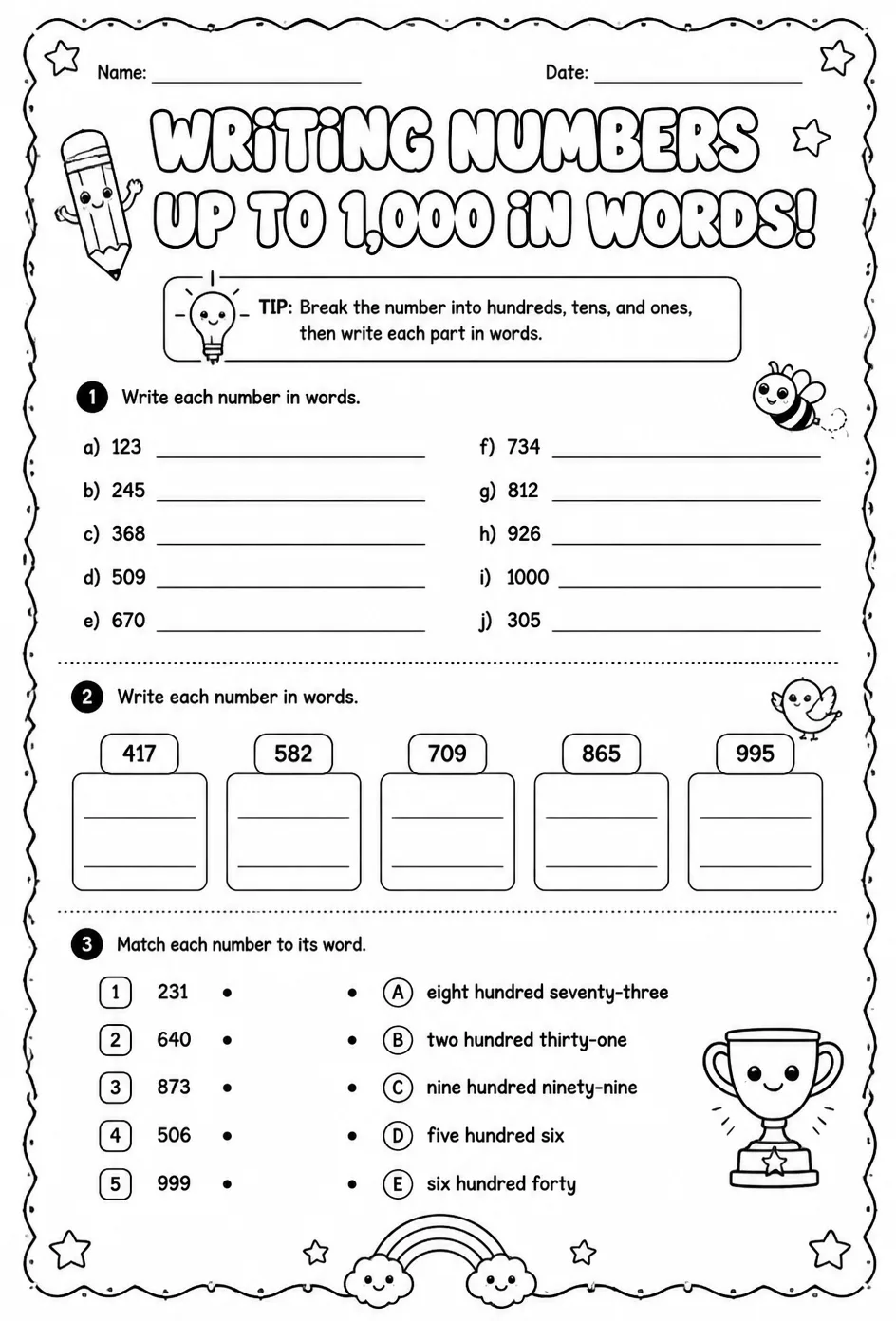 Writing numbers up to 1,000 in words