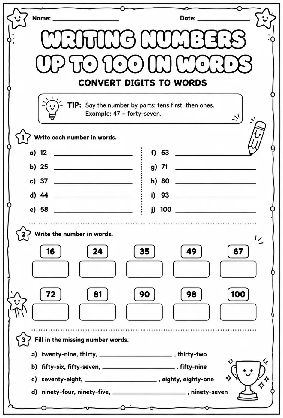 Writing numbers up to 100 in words - convert digits to words