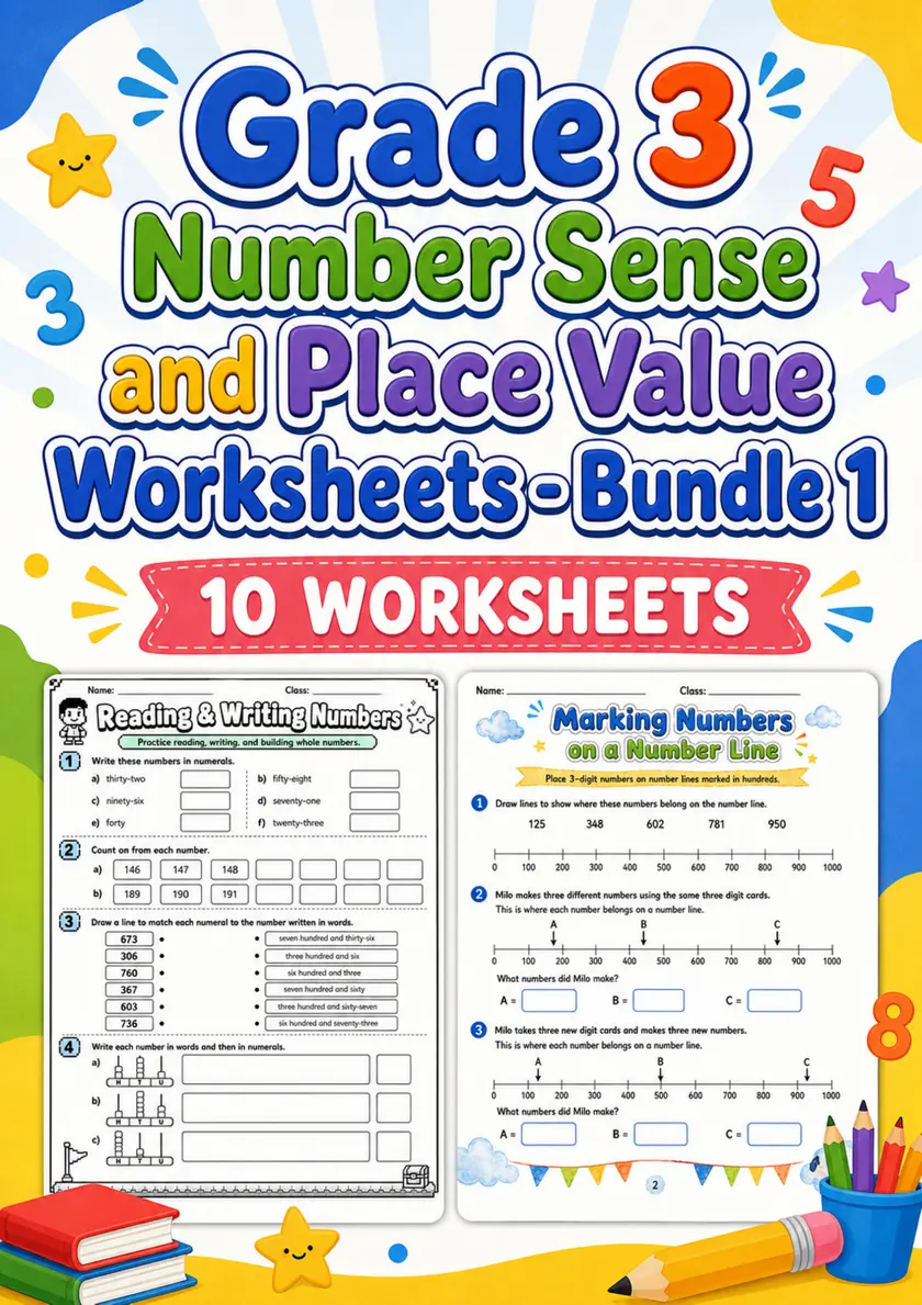 Grade 3 Number Sense and Place Value Worksheets - Pack 1 grade 3 printable PDF preview
