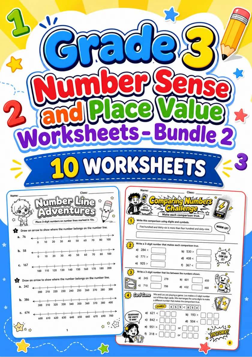 Grade 3 Number Sense and Place Value Worksheets - Pack 2 grade 3 printable PDF preview