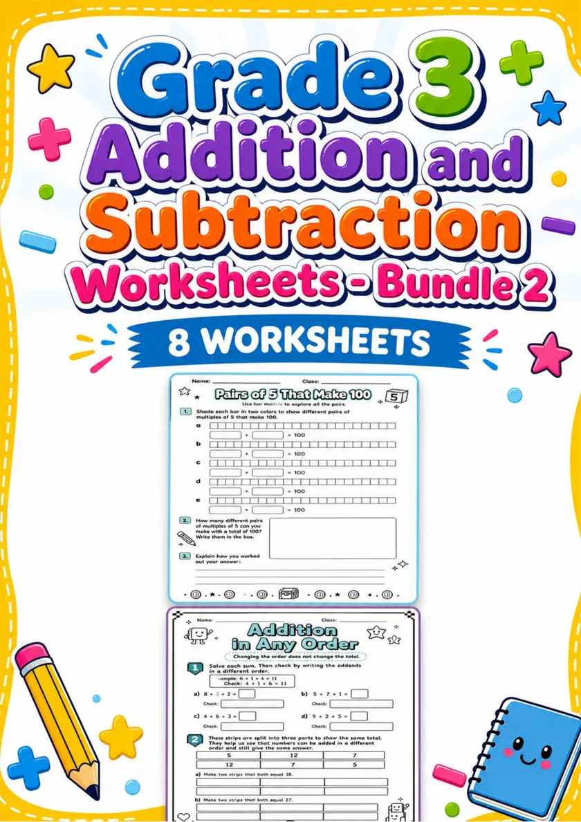 Grade 3 Addition and Subtraction Worksheets - Pack 2 grade 3 printable PDF preview