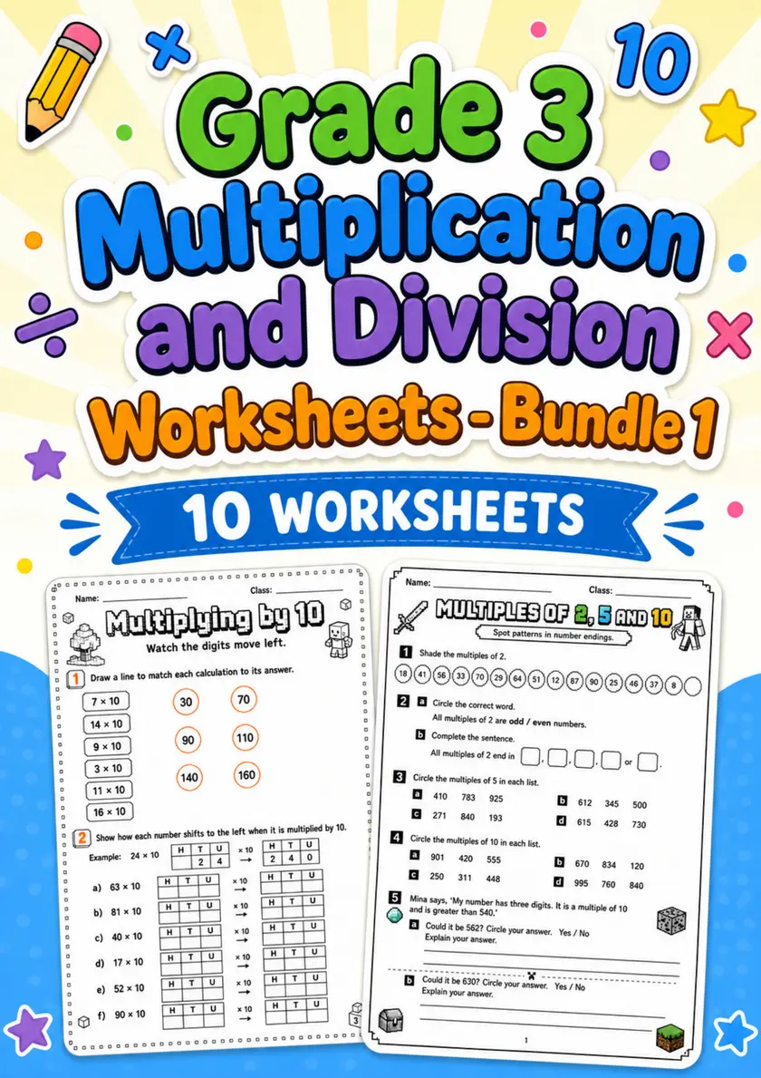 Grade 3 Multiplication and Division Worksheets - Pack 1 grade 3 printable PDF preview