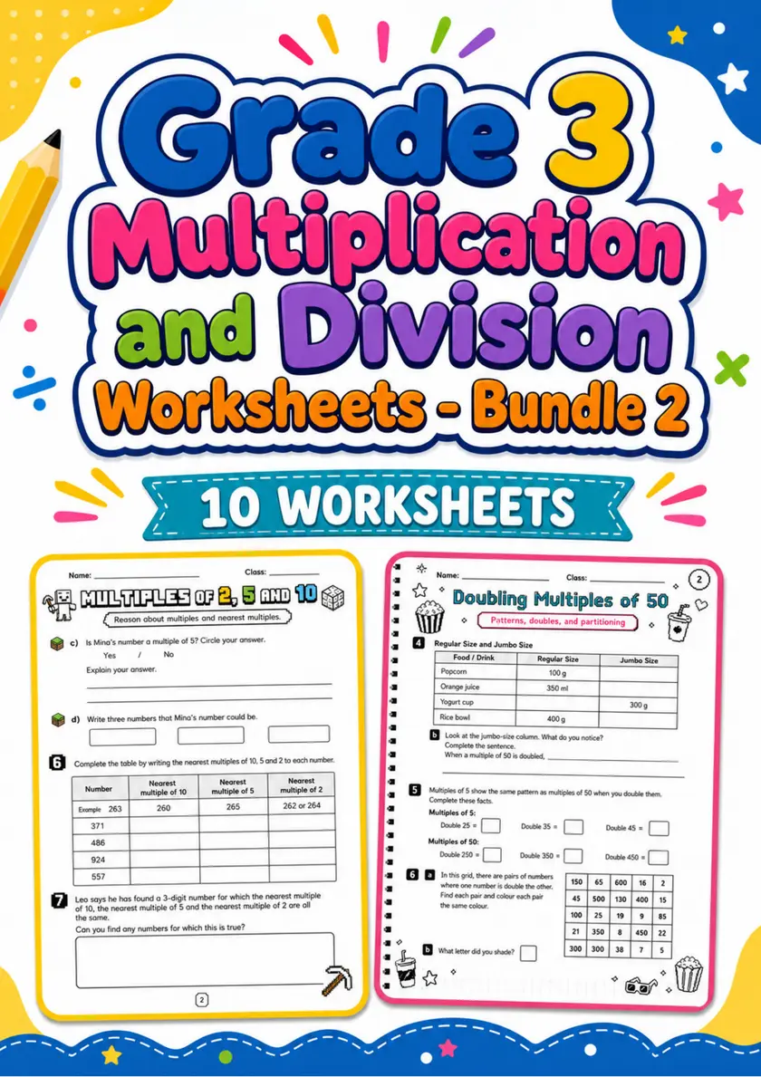 Grade 3 Multiplication and Division Worksheets - Pack 2 grade 3 printable PDF preview