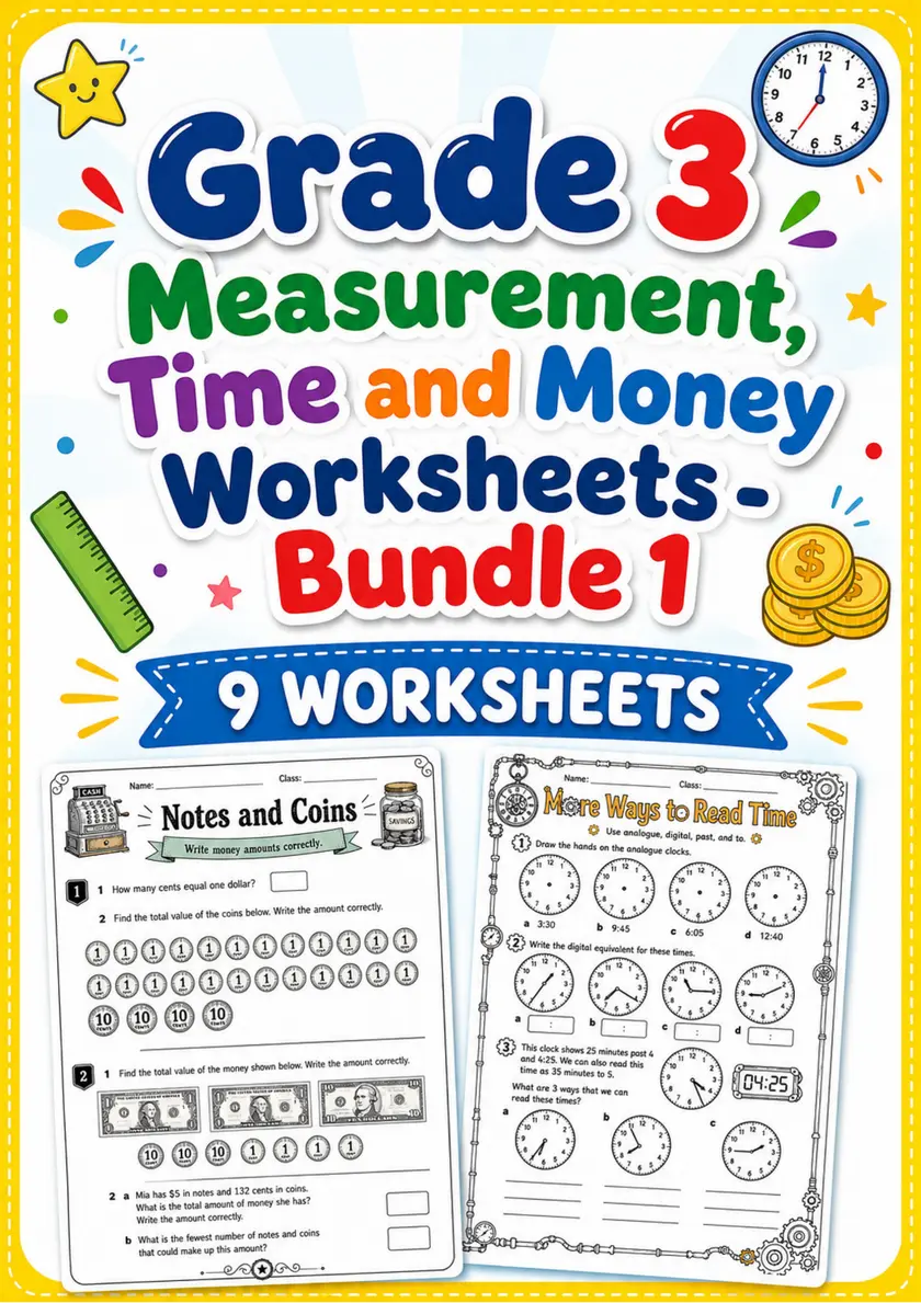 Grade 3 Measurement, Time and Money Worksheets - Pack 1 grade 3 printable PDF preview