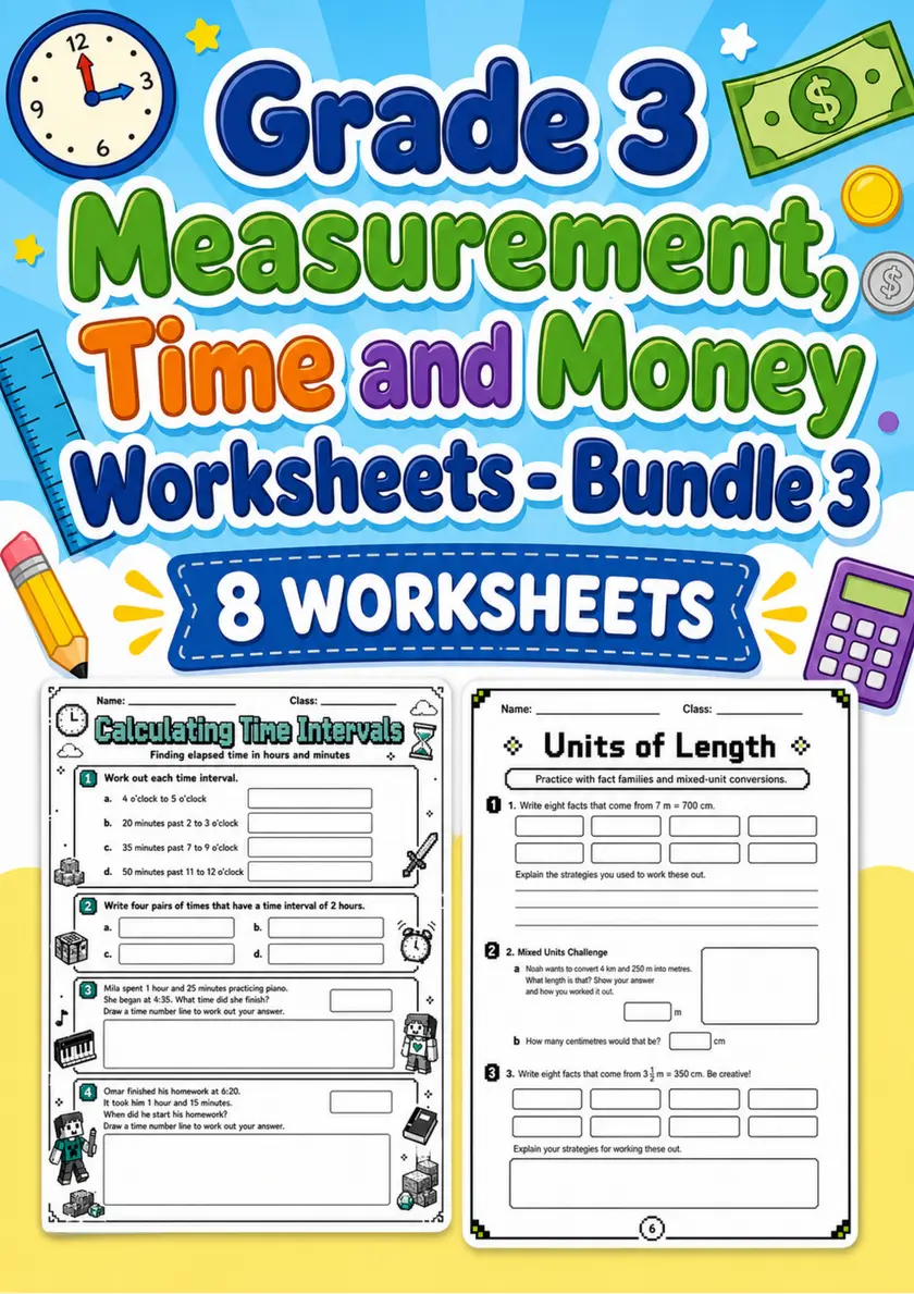 Grade 3 Measurement, Time and Money Worksheets - Pack 3 grade 3 printable PDF preview
