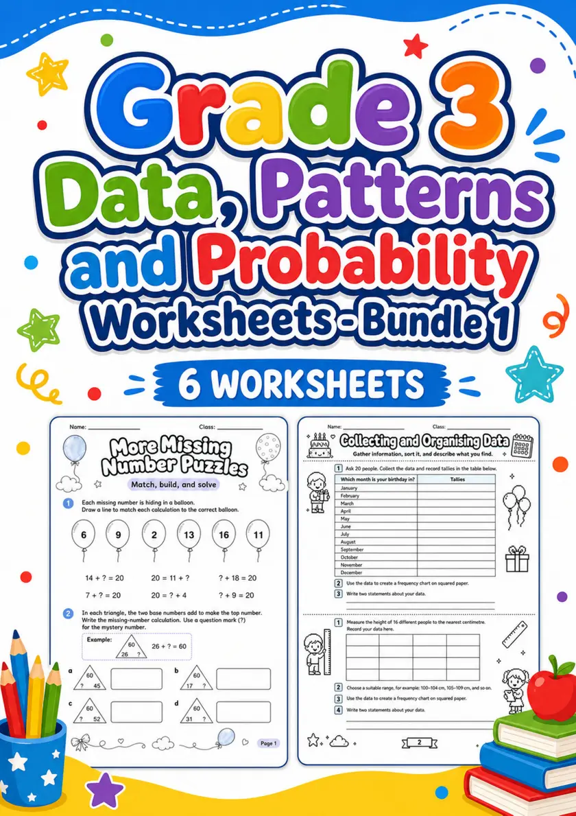 Grade 3 Data, Patterns and Probability Worksheets - Pack 1 grade 3 printable PDF preview