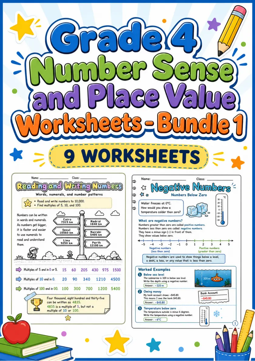 Grade 4 Number Sense and Place Value Worksheets - Pack 1 grade 4 printable PDF preview