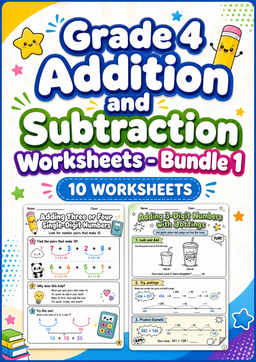 Grade 4 Addition and Subtraction Worksheets - Pack 1 grade 4 printable PDF preview