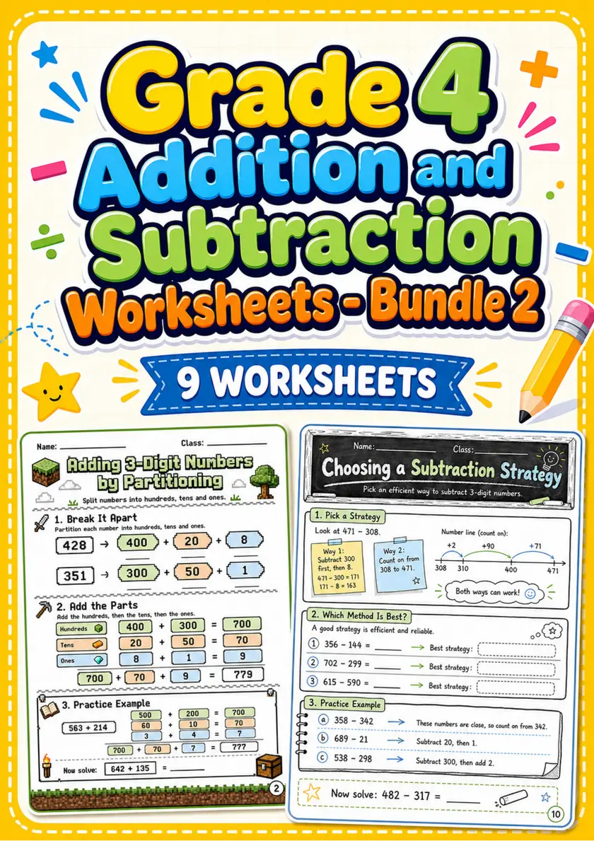 Grade 4 Addition and Subtraction Worksheets - Pack 2 grade 4 printable PDF preview